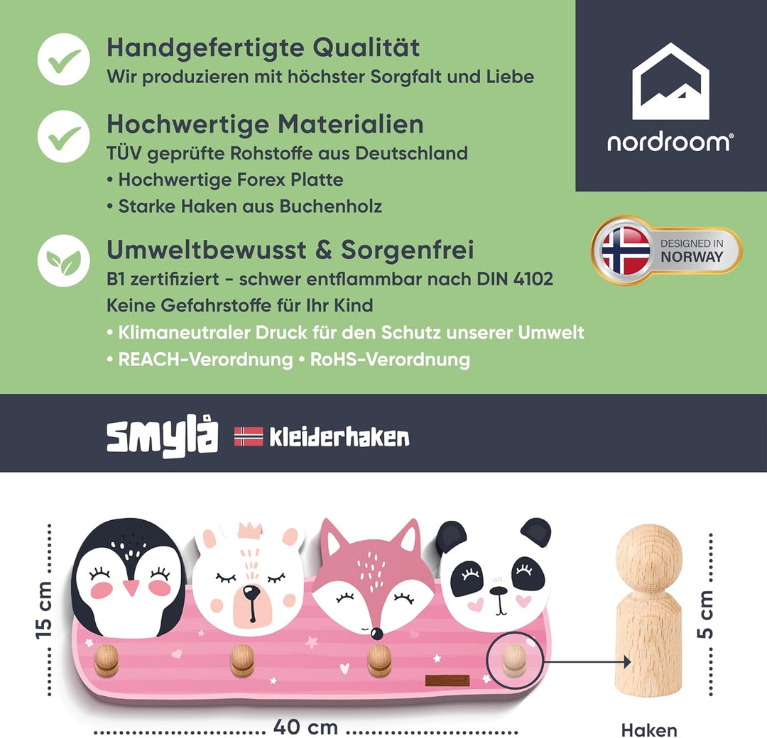 Kindergarderobe mit 4 Haken - Wandgarderobe mit Tiermotiven für Kinderzimmer Garderobenhaken aus Hol