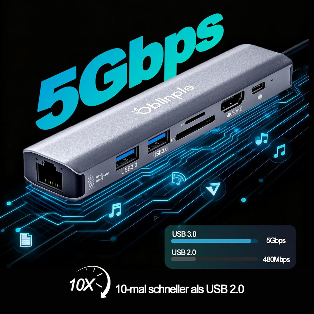 7 in 1 USB C Hub Gigabit Ethernet Adapter mit 4K@60Hz HDMI LAN RJ45 PD100W 2*USB 3.0 SD/TF Kartenles
