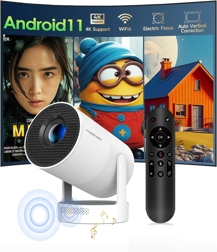 Mini Beamer 4K Unterstützt Android 11, Smart Projector Elektrisch Fokus 5G WiFi 6 BT 5.0, Mini Tragb