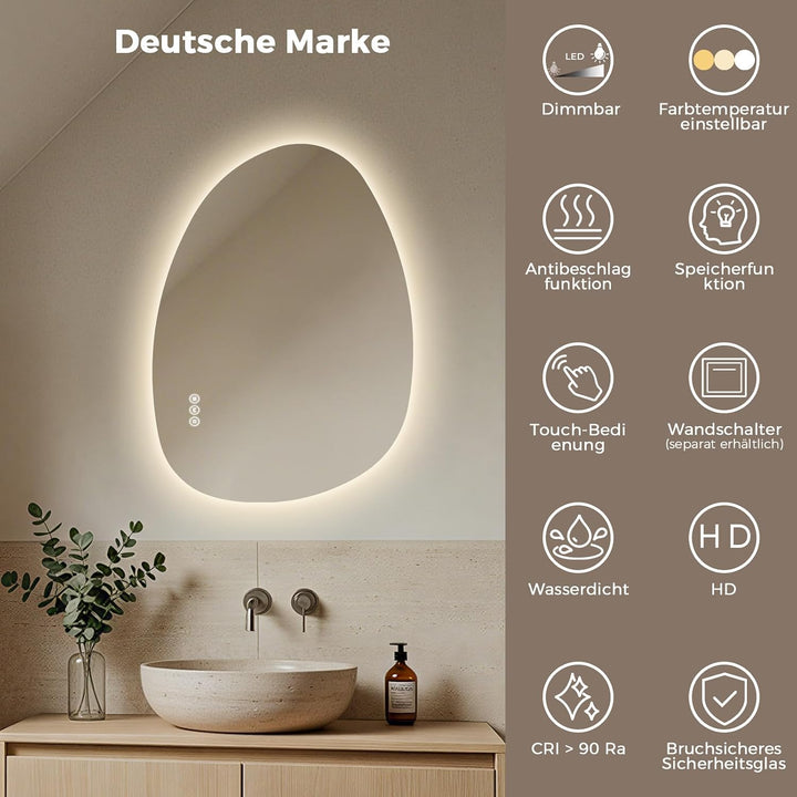 S'AFIELINA Spiegel mit Beleuchtung Asymmetrischer LED Badspiegel 85 × 50 × 2,5 cm (H × B × T) mit To