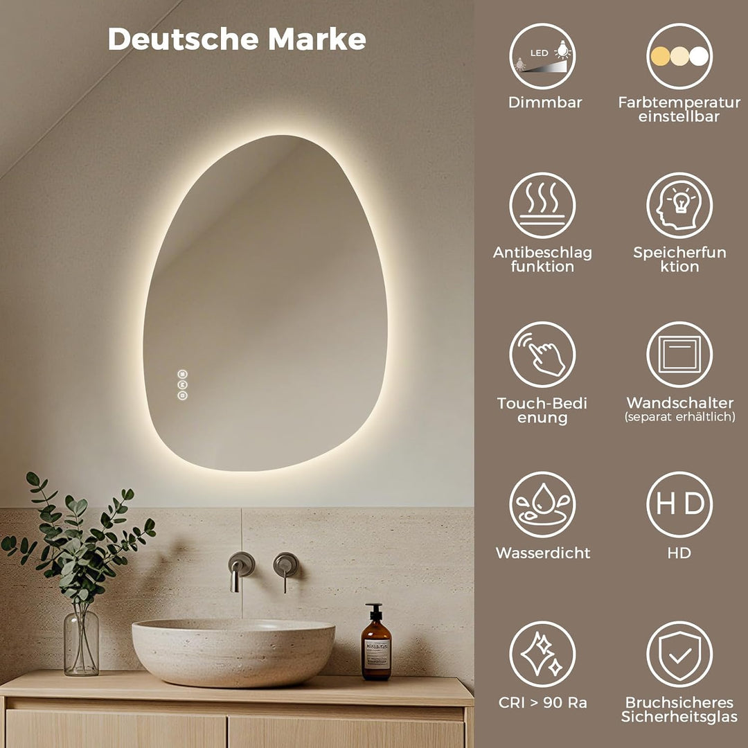 S'AFIELINA Spiegel mit Beleuchtung Asymmetrischer LED Badspiegel 60 × 45 × 2,5 cm (H × B × T) mit To