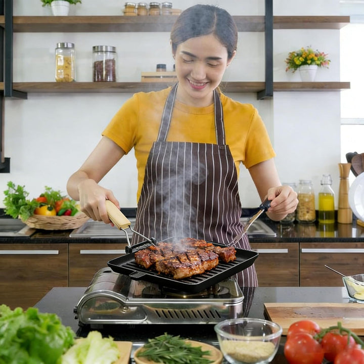 Steakpfanne Gusseisen 28X28cm, Grillpfanne Induktion mit Klappbarem Holzgriff, Viereckige Grillplatt