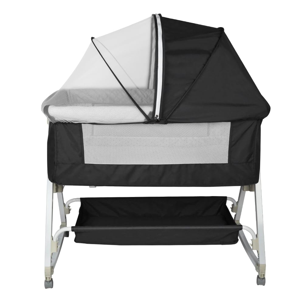 Babybett, 6-stufig Höhenverstellbar,Wiege mit Matratze und Moskitonetz, Mobile Babywiege für Neugebo