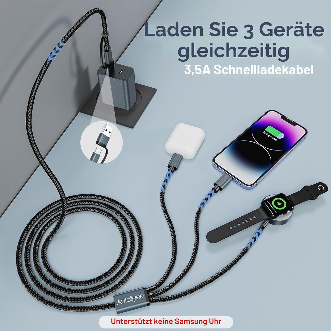 2er-Pack 3-in-2 Ladegerät für apple watch ladekabel(1.2m),USB C multi ladekabel für apple watch Ultr