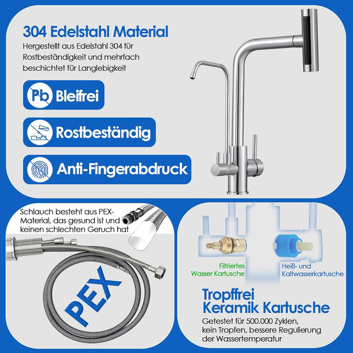 ROVOGO 3 Wege Wasserhahn Küche mit Filter, Küchenarmatur Ausziehbar mit 4 Strahlarten Brause, Doppel