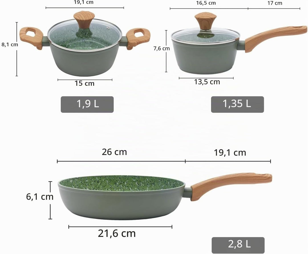 Green Antihaft-Set: 6"-Topf (Saucepan), 8,5"-Pfanne (Frying Pan) &amp; 7"-Schmortopf (Stockpot) - Kombin