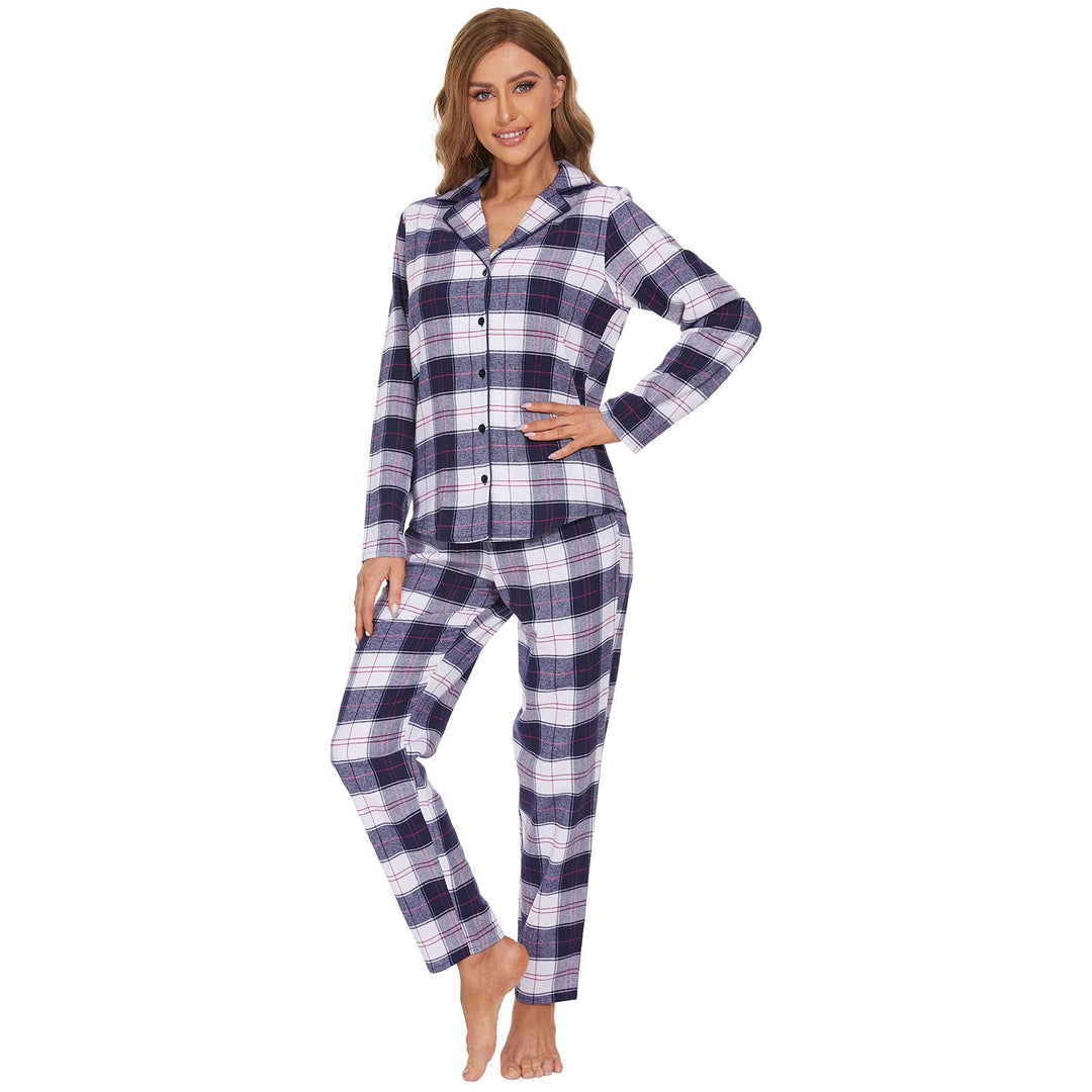 Mnemo Home Damen Schlafanzug Lang Flanell Pyjama Damen 100% Baumwolle aus Flanell Blau &amp; Weiss XL, B