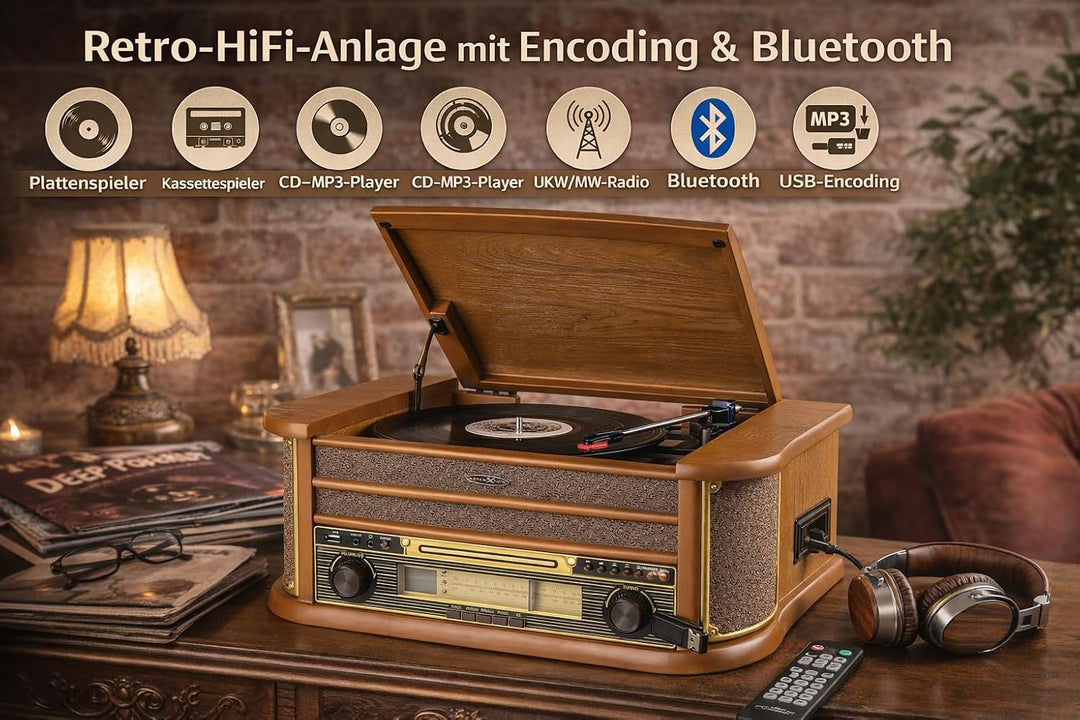 Reflexion HIF2002 Retro HiFi-Anlage mit Plattenspieler 33/45/78, Bluetooth 5.0 & USB-Encoding – CD/M
