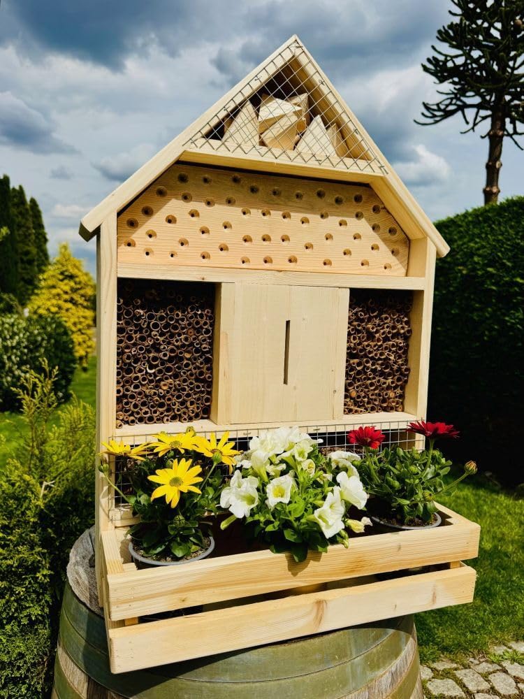handgefertigtes Insektenhotel XL Wildbienen Nisthilfe I Insektenhaus mit Blumenkasten aus Holz und S