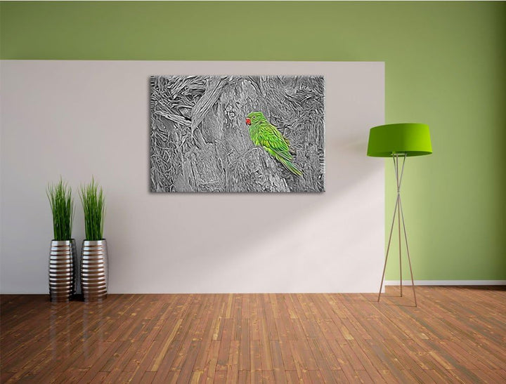 schöner Papagei im Gehölz schwarz/weiss Deluxe Format: 100x70 cm auf Leinwand, XXL riesige Bilder fe