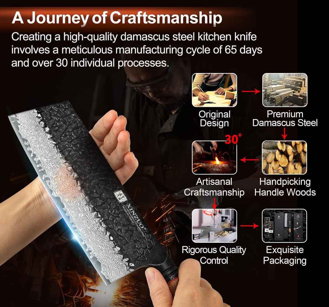 XINZUO Damaststahl Hackmesser 18,5cm Chinesisches Kochmesser -Profi Küchenmesser Hammerfinish Hackbe