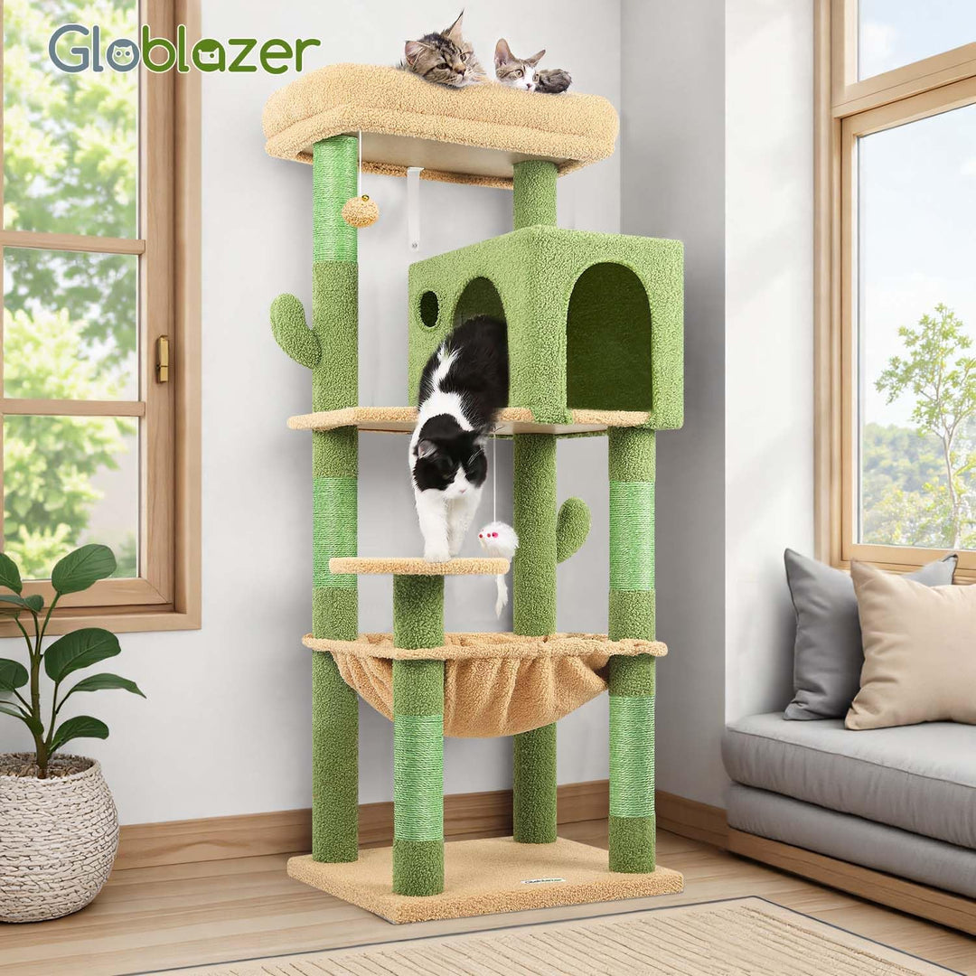 Globlazer Kratzbaum Grün Kaktus mit Extragrosse Hängematte 45 * 40cm, Grosse Katzenhaus, Gepolsterte