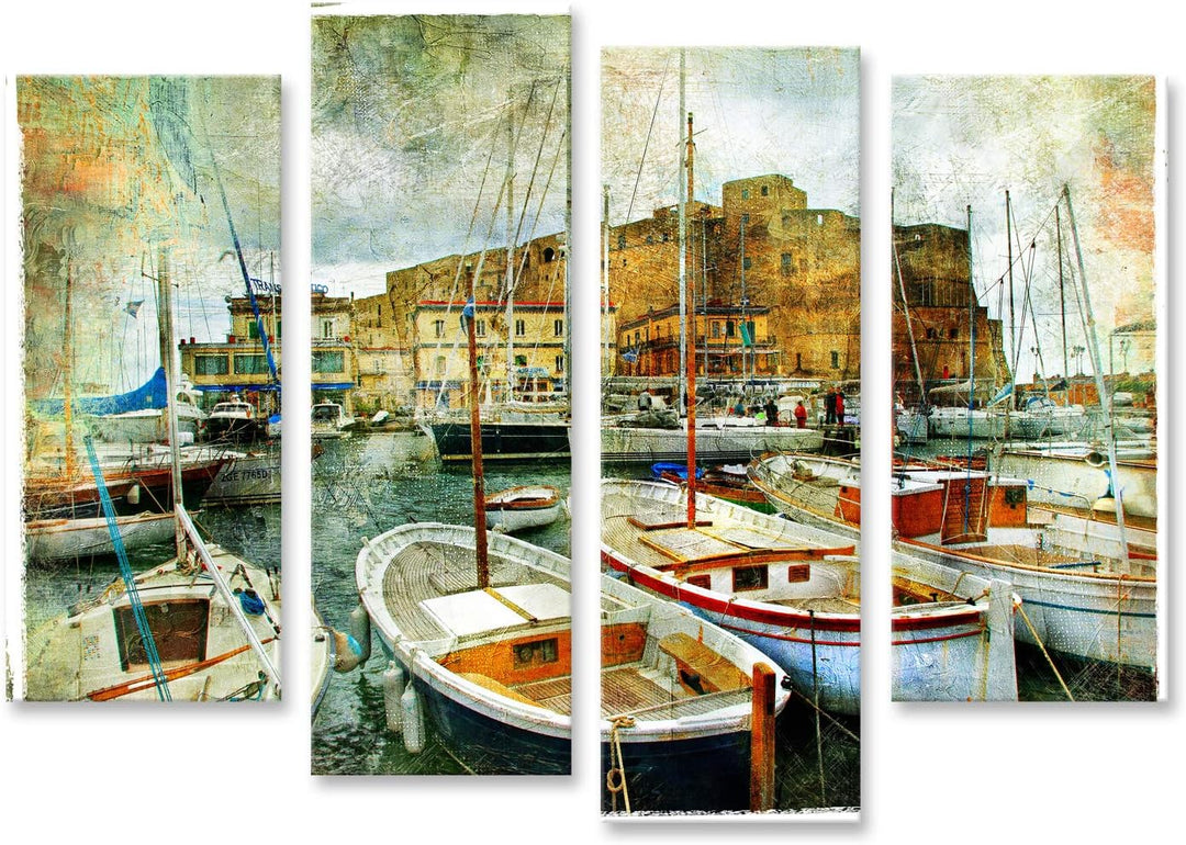 Bild Bilder auf Leinwand Kunstbild im Malstil - Boote im Hafen von Neapel vor der Burg Uovo Wandbild