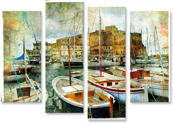 Bild Bilder auf Leinwand Kunstbild im Malstil - Boote im Hafen von Neapel vor der Burg Uovo Wandbild