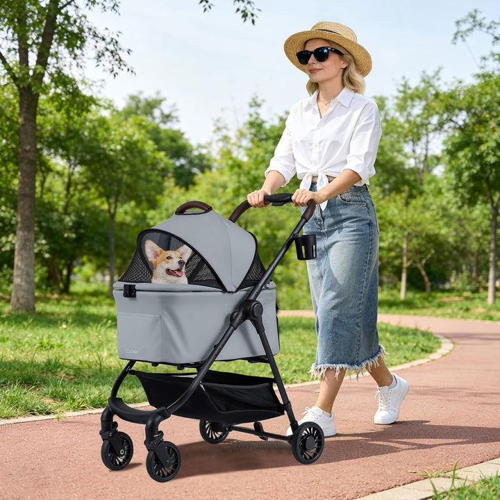 COSTWAY 3 in 1 Hundewagen, Hundebuggy mit verstellbarem Netzdach & Korb & Getränkehalter, Haustiere