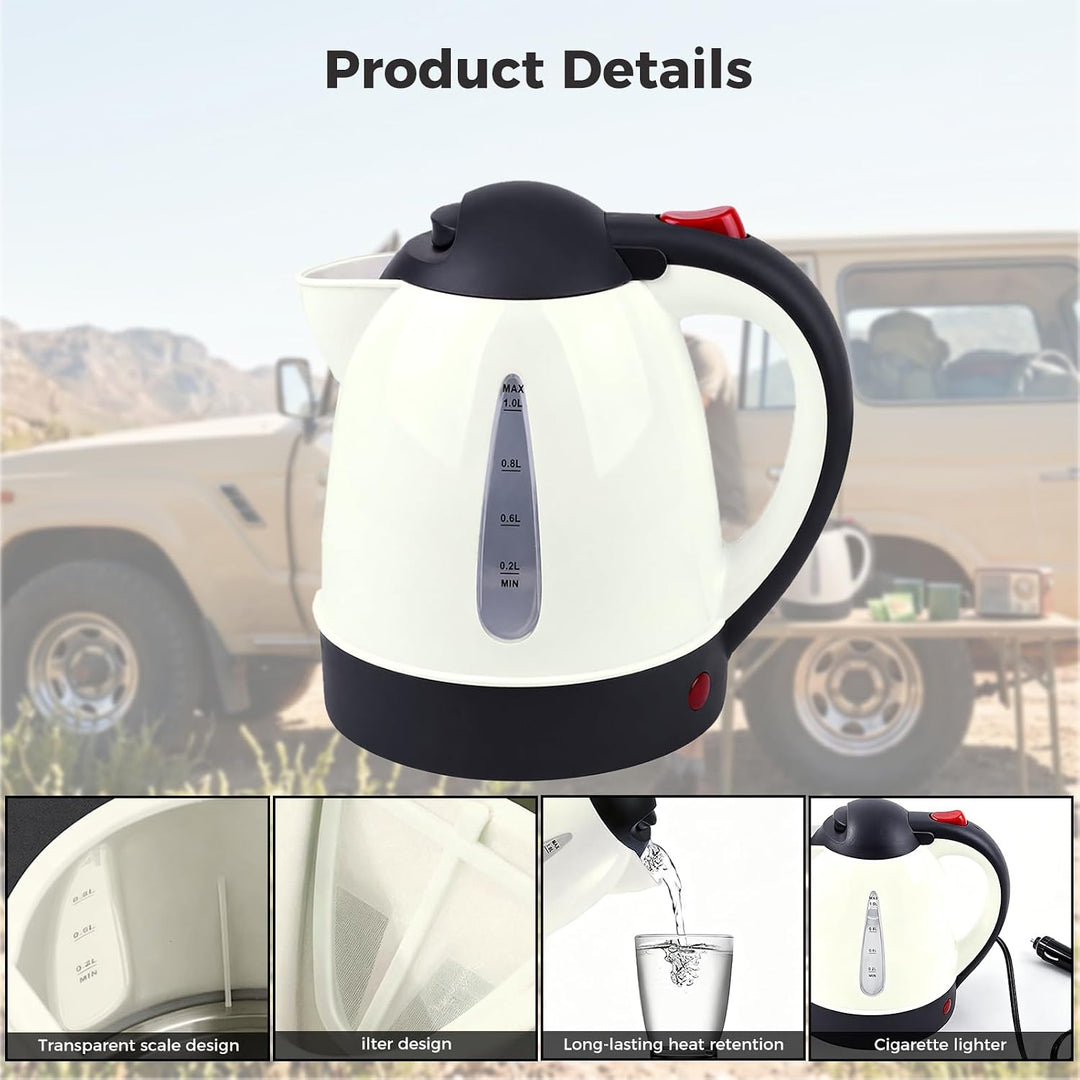 ITEFDTUTNE Wasserkocher Auto, 24v 250w 1L, Camping Wasserkocher mit Zigarettenanzünder-Stecker Autom