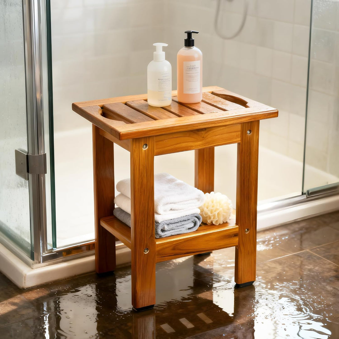 VaeFae Duschbank aus Teakholz Kleiner Badhocker Hocker, Zweistufiger Duschhocker aus Holz, Badezimme