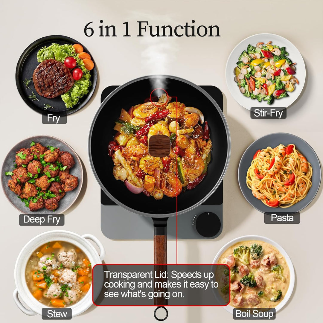 Jobin 33cm/13inch Premium Wokpfanne mit Glasdeckel - Kohlenstoffstahl Wok ohne chemische Beschichtun