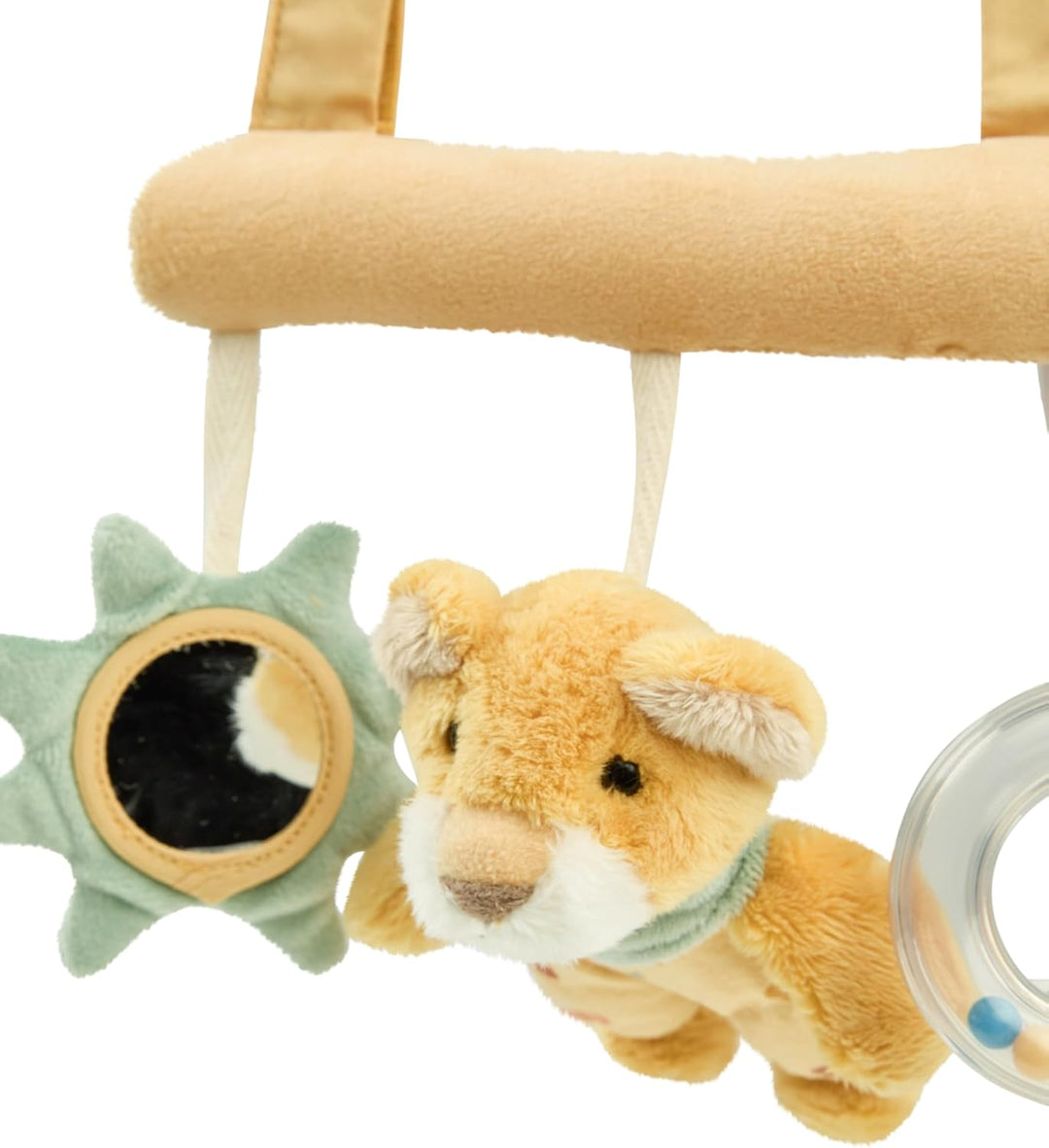 Sterntaler Spielzeug Löwe Leo zum Aufhängen – Baby Rassel mit Spiegelfolie & Rasselring – Klettbefes