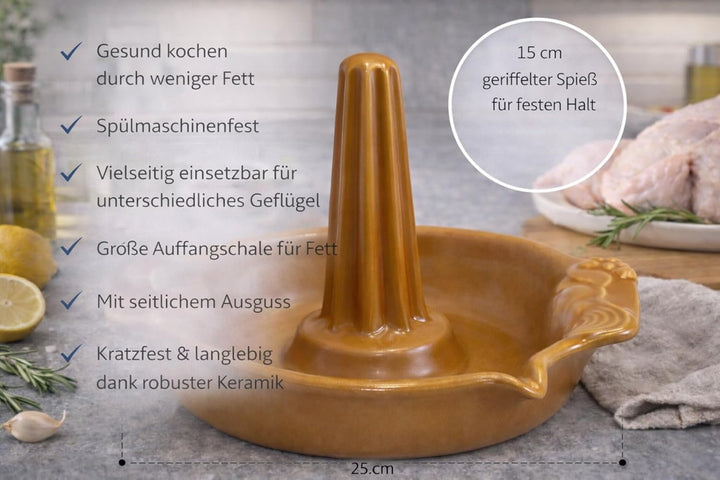 Original K&K Hähnchenbräter - Geflügelbräter hellbraun aus Steinzeug (hochwertige Keramik)