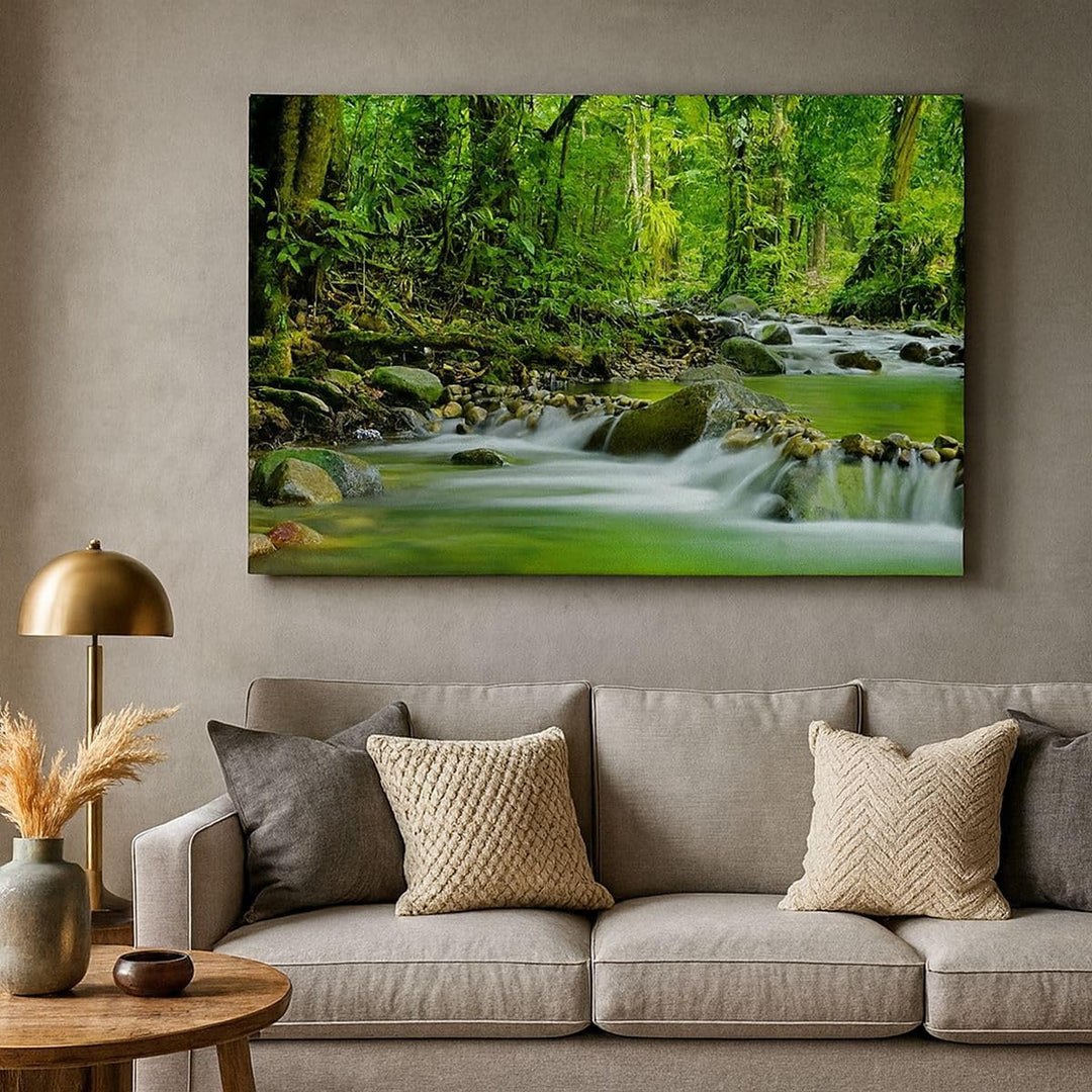 Bilder auf Leinwand 100x70cm Leinwandbild mit Rahmen Stream Wald Natur Gross Wanddeko Bild Schlafzim