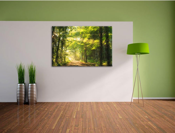 Pixxprint Waldweg im Frühling als Leinwandbild/Grösse: 100x70 / Wandbild/Kunstdruck/fertig bespannt,