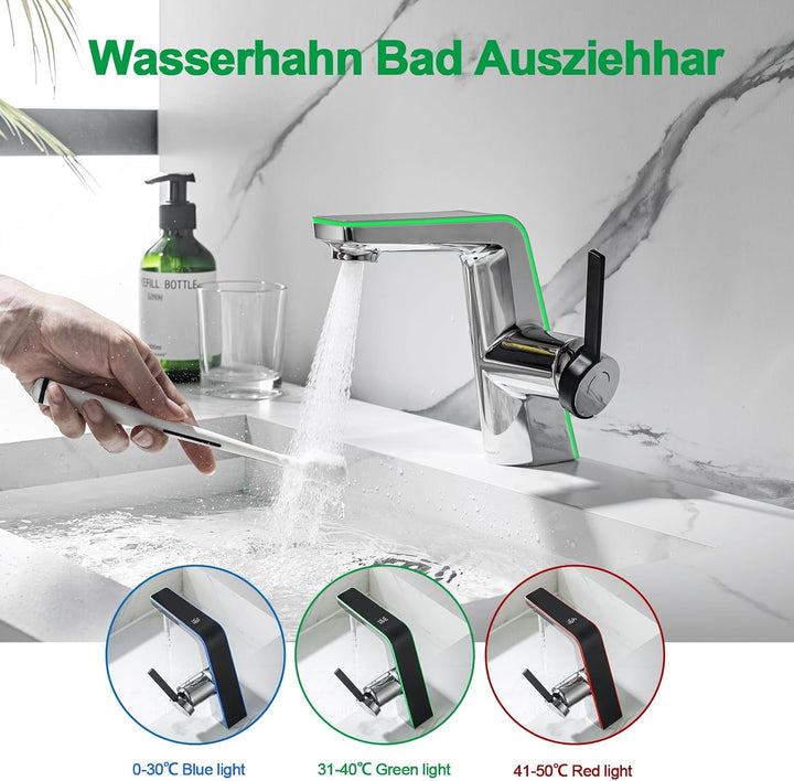 Wasserhahn Bad mit LED-Temperaturanzeige Badarmatur,Waschtischarmatur aus Messing Einhebelmischer Ba