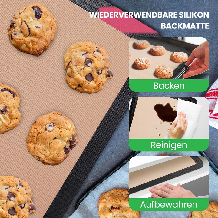 NutriChef Silikon Backmatten – 2er Set, Schwarz 42 x 28 cm - Dauerbackfolie BPA-frei, Antihaft, Spül