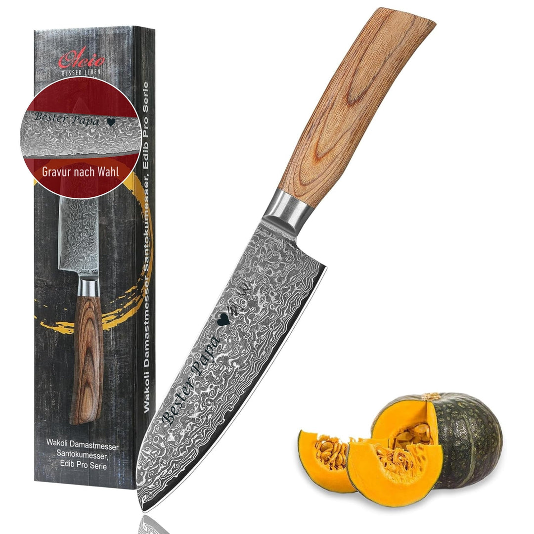 Wakoli EDIB Pro Damast Santoku Messer mit Gravur – Personalisiertes Küchenmesser, 16cm Klinge aus 67