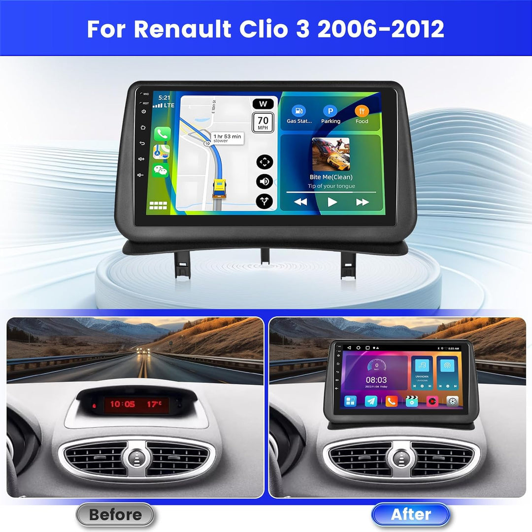 Radio für Renault Clio 3 2006-2012 Android 15 2+64G mit Wireless CarPlay Android Auto, 9 Zoll Bildsc