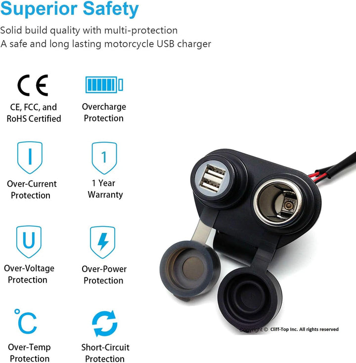 Cliff Top Motorradlenker USB-Ladegerät (Magnetschalterkappe + Zigarettensteckdose) 4A Magnetische US