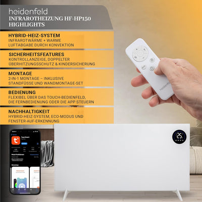 Heidenfeld Infrarotheizung & Konvektor HF-HP150 | 1000 Watt bis 25 m² | Hybrid Heizung | Steuerung v