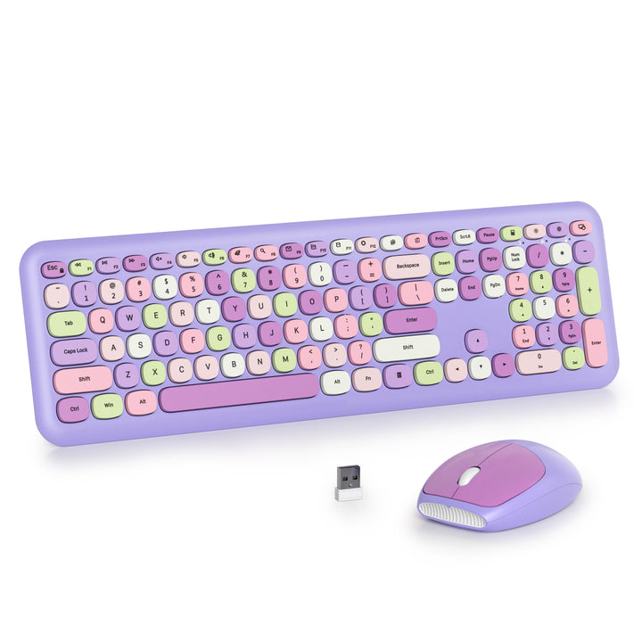 Tastatur und Maus Kabellos, Retro Bunt Tastatur Funktastatur mit Stille Mouse Amerikanisch QWERTY, C