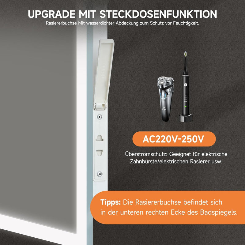 YOLEO Badspiegel mit Beleuchtung, LED Spiegel Wandspiegel mit Steckdose, Badzimmerspiegel LED mit To