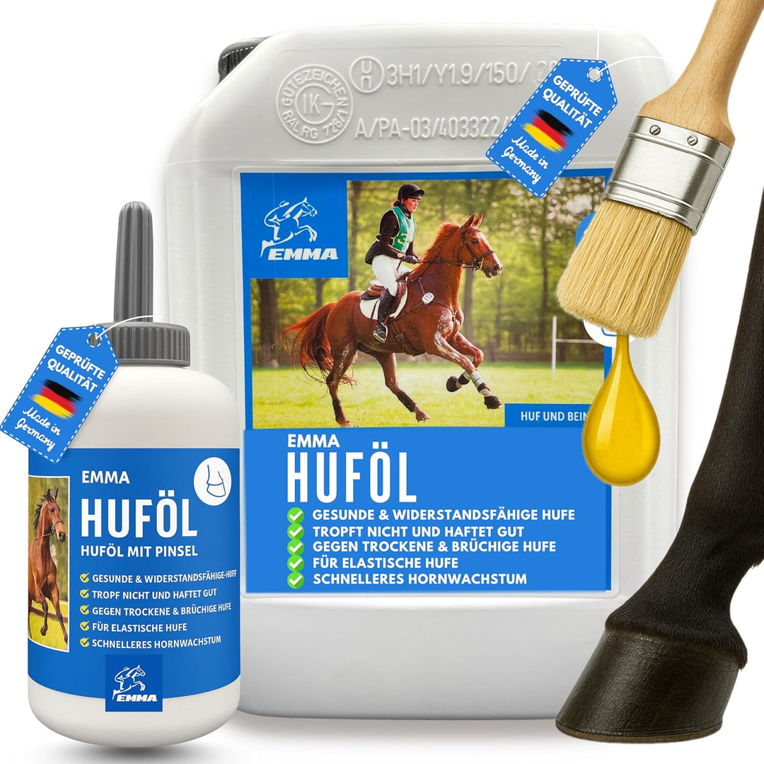 EMMA Huföl Pferde Kanister 2,5L + Hoof Oil Pferde mit Pinsel 0,5L Huffett Pferde I Hufpflege Hufe I