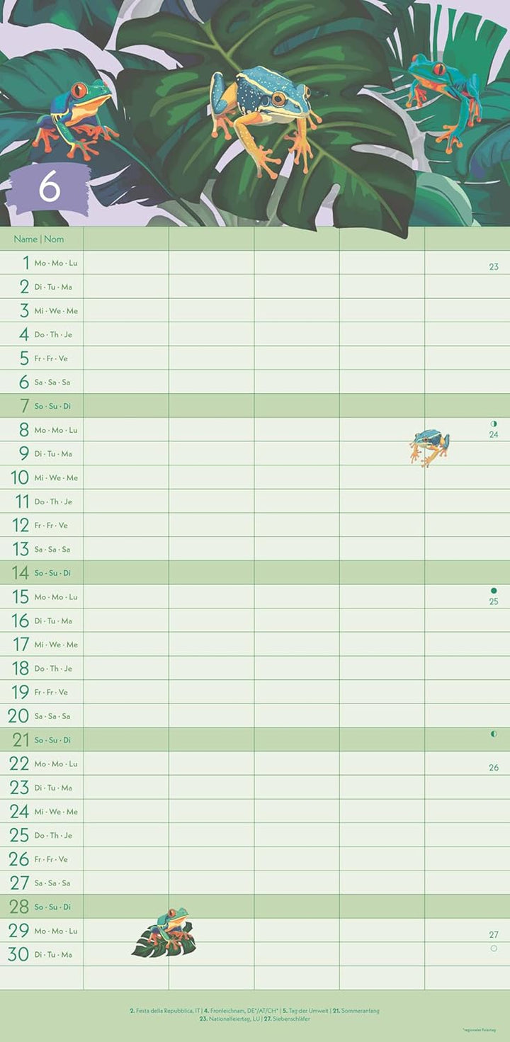 GreenLine - Jungle 2026 – Familienplaner 22x45 cm, nachhaltiger Wandkalender mit 5 Spalten, exotisch