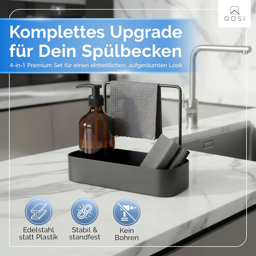 Spülbecken Organizer schwarz aus rostfreiem Edelstahl | Spüle Organizer mit Schwammhalter, Spüllappe