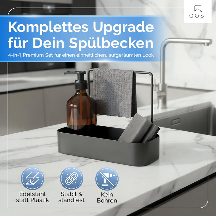 Spülbecken Organizer schwarz aus rostfreiem Edelstahl | Spüle Organizer mit Schwammhalter, Spüllappe