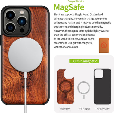 Carveit Holz Cover für iPhone 15 Pro hülle, Kompatibel mit Magsafe Silikon Stossfeste Cover, Magneti