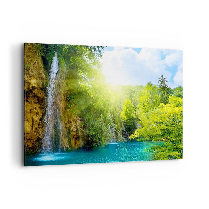 Bilder auf Leinwand 100x70cm Leinwandbild Wasserfall Forrest Himmel Gross Wanddeko Bild Schlafzimmer