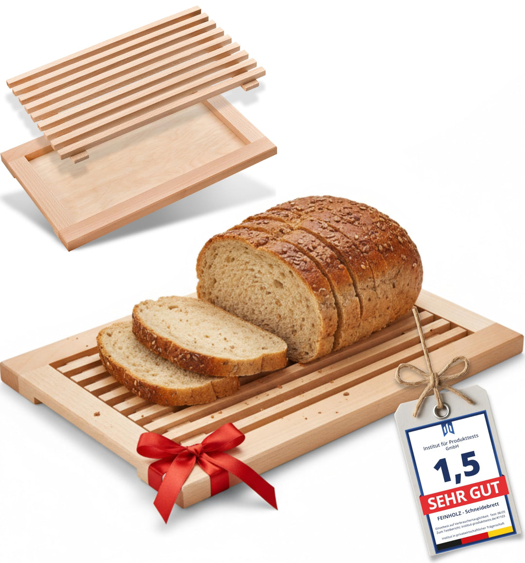 FEINHOLZ Brotschneidebrett mit Krümelrost aus Holz • 40cm x 25cm • Buchenholz geölt • Schneidebrett
