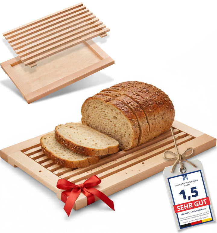 FEINHOLZ Brotschneidebrett mit Krümelrost aus Holz • 40cm x 25cm • Buchenholz geölt • Schneidebrett