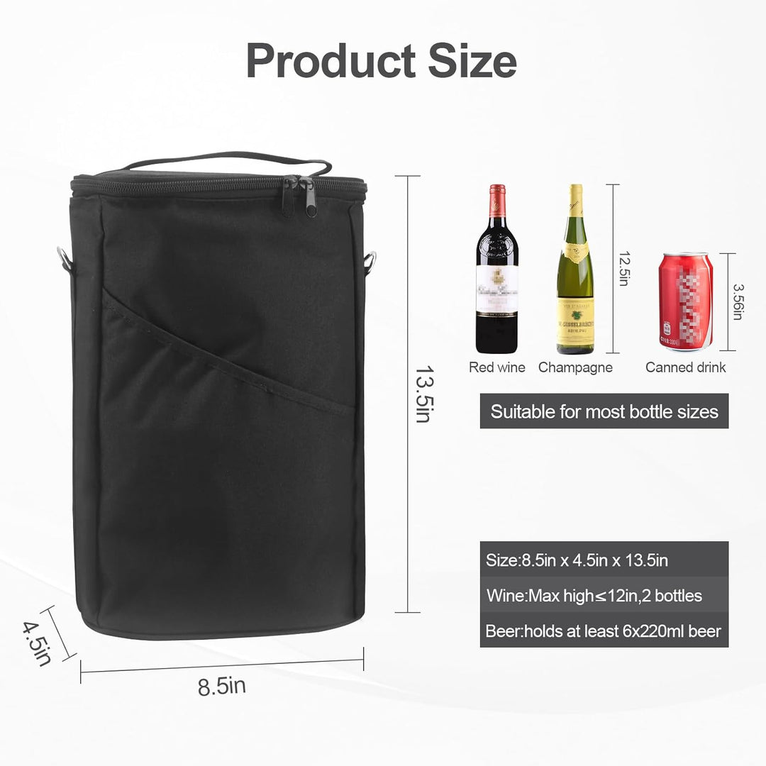 Weinkühltasche für 2 Flaschen, isoliert, auslaufsicher, Kühlrucksack mit Schultergurt, tragbare Wein