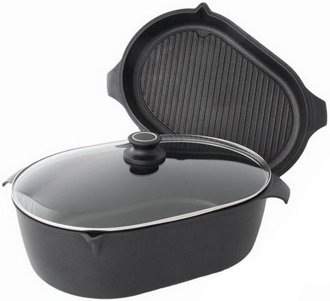 AMT Gastroguss 3er-Set Bräter, bestehend aus Bräter, Gussbräterdeckel mit Grillboden & Glasdeckel, 4