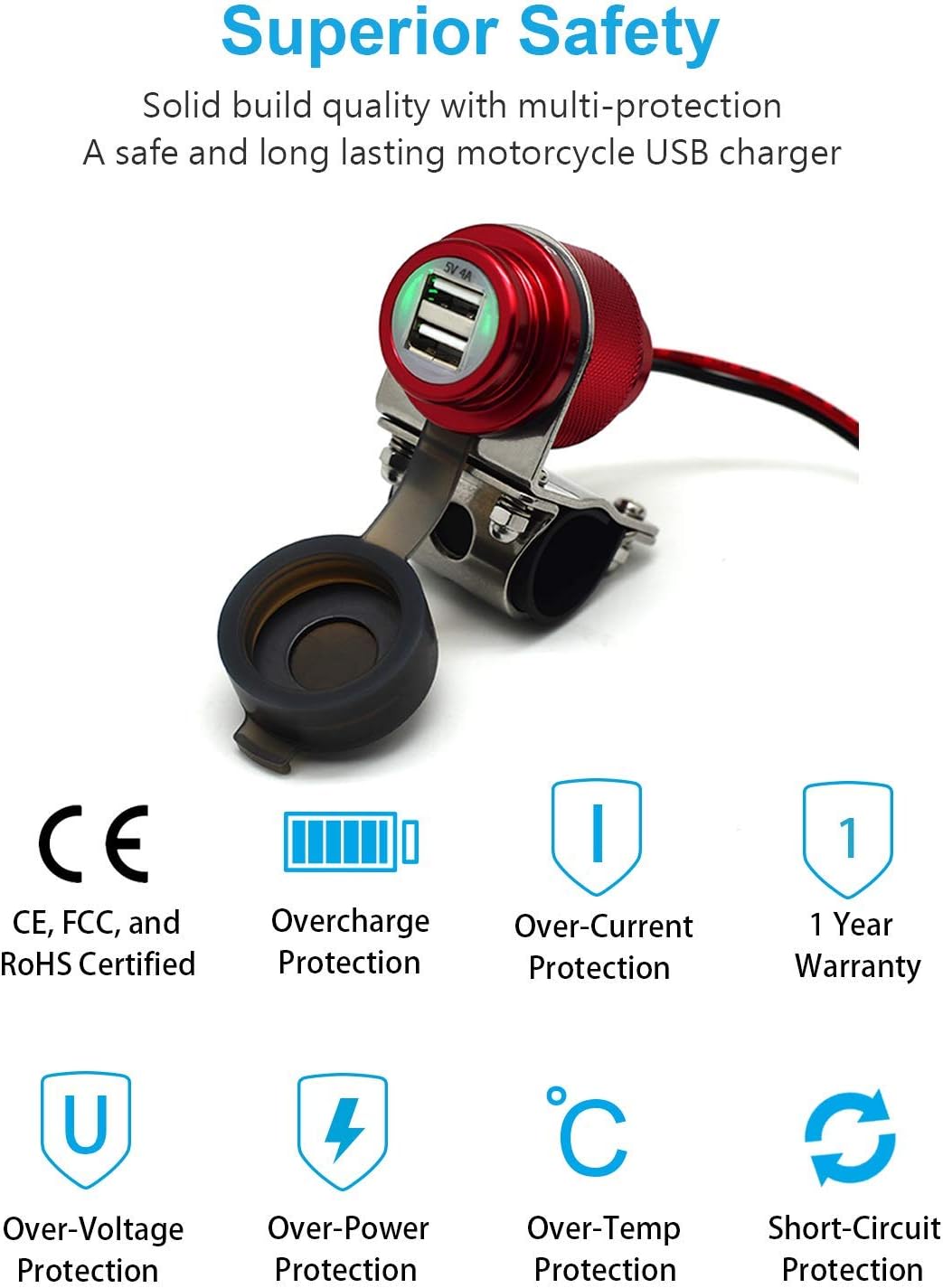 Cliff Top 4A 20W USB-Ladegerät für Motorräder aus Aluminium, mit magnetischem Netzschalter, strapazi