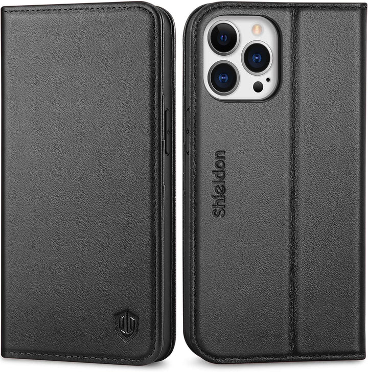 SHIELDON Hülle für iPhone 13 Pro, Handyhülle Schutzhülle [Echtleder] [Kartenfach] [Magnet] [Standfun