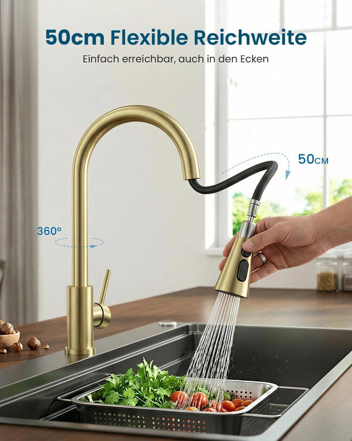 DAYONE Gold Niederdruck Küchenarmatur, SUS304 Edelstahl Wasserhahn Küche mit Ausziehbarer 3-Strahl-B