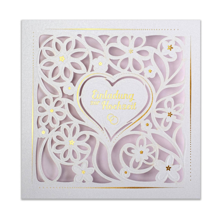 ART NUVO HOCHZEITSEINLADUNGEN - 20 St. 135x135mm, MIT BEDRUCKBAREN EINLAGEN UND UM-SCHLÄGEN FÜR HOCH
