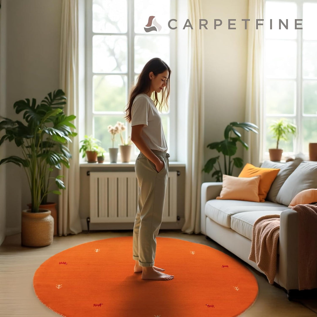 carpetfine Wollteppich Gabbeh Uni Rund Orange Ø 80 | Moderner Teppich für Wohn- und Schlafzimmer Ø 8