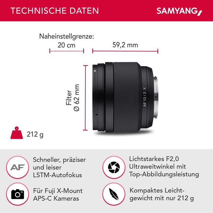 Samyang AF 12mm F2,0 Fuji X Objektiv - Autofokus Ultra Weitwinkel Festbrennweite , APS-C lichtstark